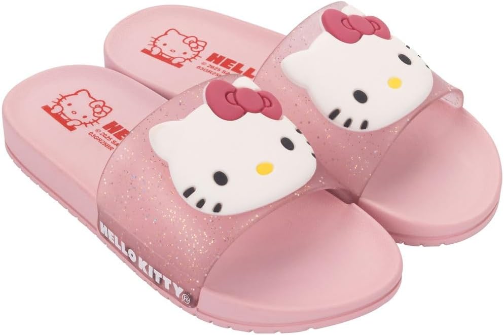 Slide Infantil Hello Kitty Grendene Rosa com Glitter – Chinelo Confortável com Aplique 3D Nº 25 ao 32/33