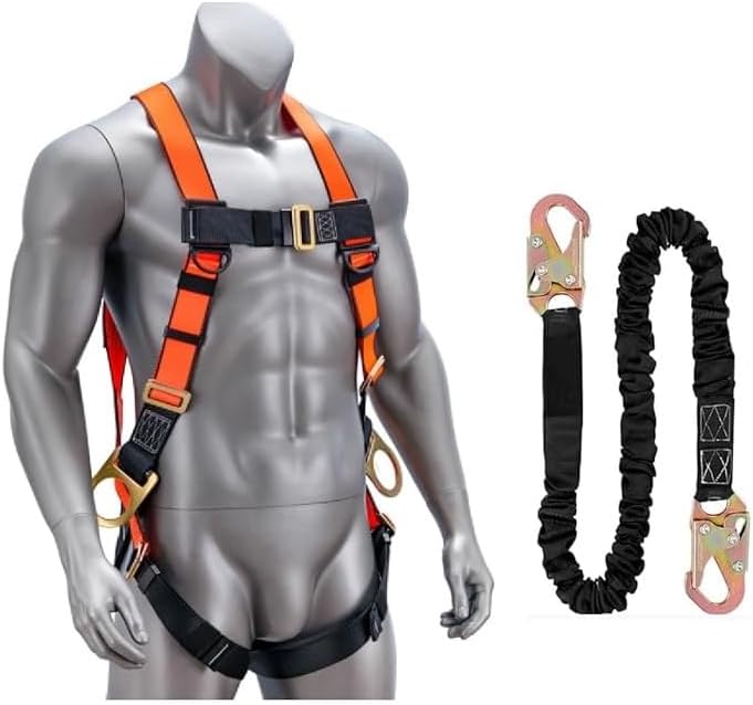 Fall Protection Safety Belt With Shock Absorbing Lanyard, Full Body Construction Protection Fall Arrest ANSI Compliant