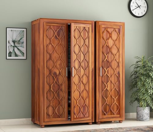 Image of Wooden 3 Door Wardrobe for Clothes with 2 Drawer 6 Shelf Storage & Hanging Space - Sheesham Wood Almirah for Bedroom - Solid Wood Large Cupboard (Honey Finish)