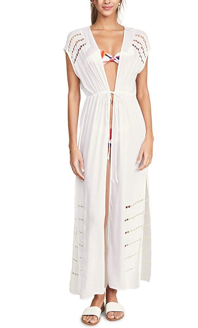 Kimonos para cubrir traje de baño para mujer, estampado geométrico de pájaros, manga 3/4, kimono suelto con frente abierto