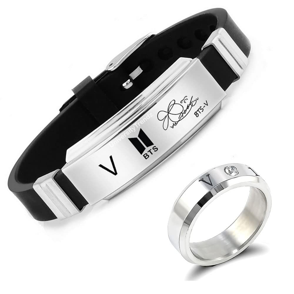 University Trendz Bts Bangtan V Stainless Steel Ring Combo With Signature Printing Silicon Bracelet For Unisex-Adult - Size 9 (B09J4P7N9G) Amazon Price History, Amazon Price Tracker