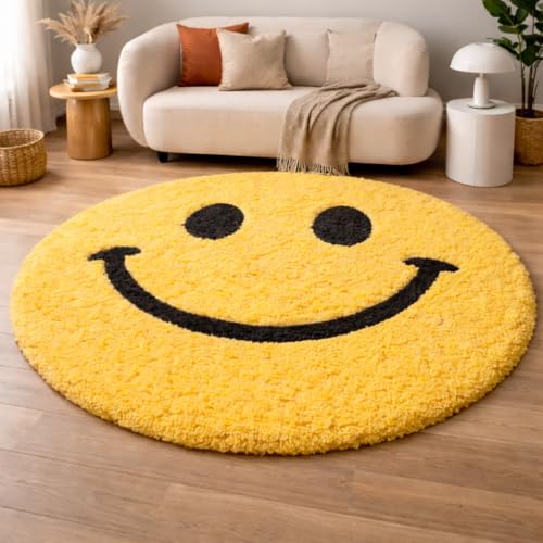 Image of Xenluxe Ultra Soft Plush Shaggy Polyester Round Area Rug for Kids Playroom Nursery Bedroom and Safe Indoor Play Spaces - (Yellow Smile, Round, 5x5 feet)