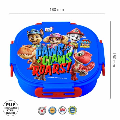 Image of SKI Baker Steel Lunch Box for Kids, 3 Compartment Insulated School Tiffin with Spoon, Leak-Proof, BPA Free, Bento Box for Boys & Girls, Birthday Gifts, Party Favours - Paw Patrol