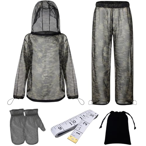 Super Tree Camo Bug & Mosquito Suit Full Set with Hooded Jacket + Pants Carry Bag Tape Measure Full Body Insect Protection Breathable Outdoor Clothing for Men Women Fishing Hiking Camping Gardening