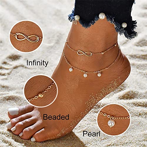 Image of ASCOMY 14K Gold Plated Ankle Bracelets for Women Dainty Layered Infinity Pearl Charm Beaded Chain Anklet Simple Cute Gold Anklets for Her Minimalist Summer Beach Foot Chain Gold Anklet Jewelry