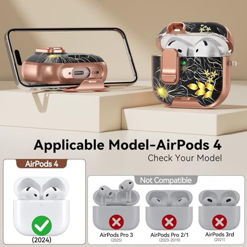 Image of for AirPods 4 Case 2024 with Safty Lock-Black Gold Leaves | As Phone Stand, for Women Girly, with Keychain & Cleaner Kit,Two-Piece Design,Support Wireless Charging,Clear TPU+PC Material