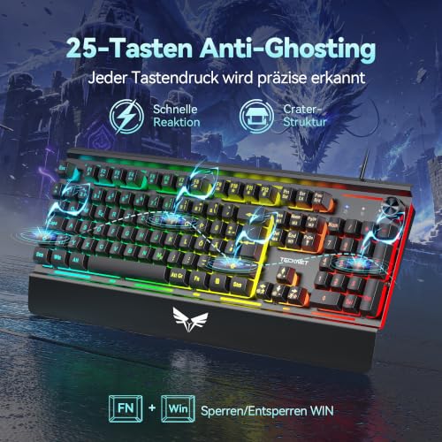 TECKNET Gaming Tastatur, Metallgehäuse Membrantastatur mit Lautstärkeregler – Ansicht 6