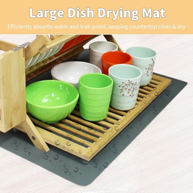 Bamboo Dish Drying Rack with Utensil Holder, 3 Tier Collapsible Dish Rack, Large Dish Racks for Kitchen Counter, Wooden Folding Dish Drainer with Dish Drying Mat (3 Tier (with Drying Mat))