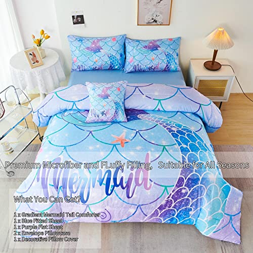 Rynghipy 6Pcs Mermaid Tail Comforter Set For Kids Girls, Mermaid Fish Scale Bed In A Bag Twin Size, Sparkle Teal Purple Rainbow Bedroom Decor Bedding Set #TOP1
