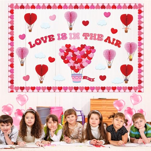 112Pcs Valentine's Day Classroom Bulletin Board Decorations - Love is in The Air Red Pink Love Heart Clouds Cutouts Hot Air Balloons Honeycombs Trims Sets for Classroom School Weeding Party Supplies - Thumbnail 7