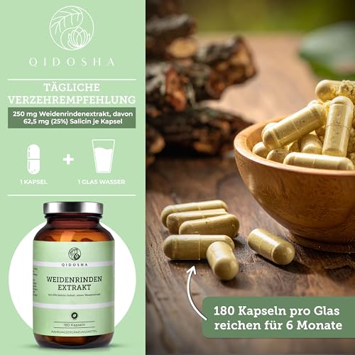 QIDOSHA® Weidenrindenextrakt mit 25% Salicin, 180 Kapseln im Apothekerglas, Wirkstoff-Gehalt in externem Labor testiert, 250mg je Kapsel, deutsche Fertigung