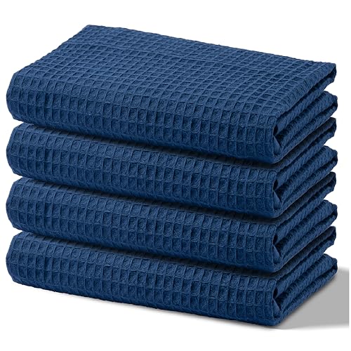 Kitchen Towels, 100% Turkish Cotton Dish Towels, Waffle Pattern Hand Towels, 12″x12″ Premium Dishcloths, Ultra Soft & Absorbent Washcloths, 4 Packs Reuseable Lint Free (Navy Blue)