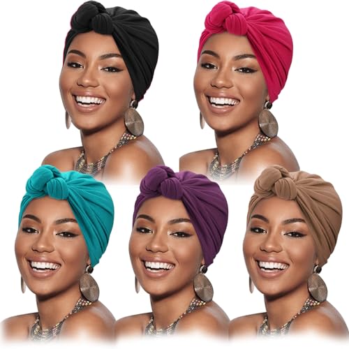 Image of DRESHOW 5 Pack Knotted Headwraps for Women African Turban Pre-Knotted Beanie Headwraps Hair Covers