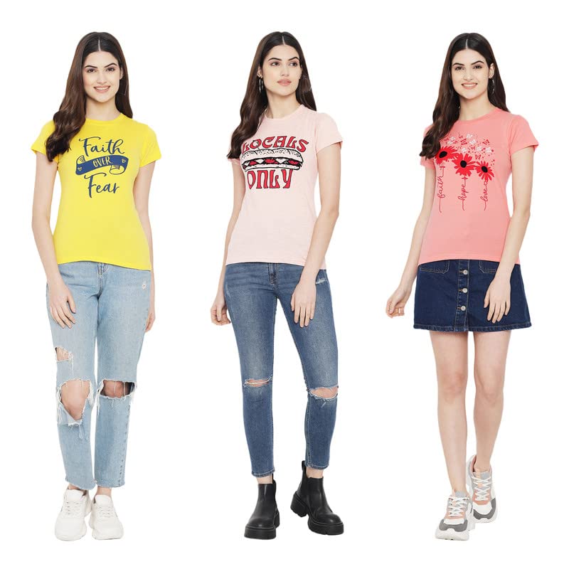 Image of Preneum Women's Cotton Regular Fit Graphic Stylish Printed Short Sleeves Casual T-Shirt || Trend & Style (Pack 3)