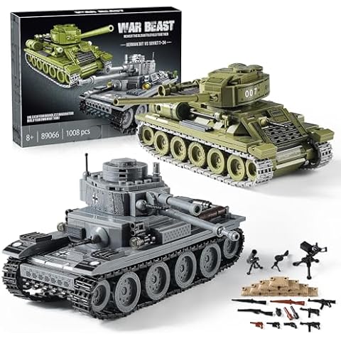 WW2 Army Tanks Toy Building Kit, Create a Soviet T-34 Tank & a German Panzer 38(t) Tank, Great Military Model Toys Gift for Boys, Kids, and Teens Age 8+ (1008 Pieces) Cover