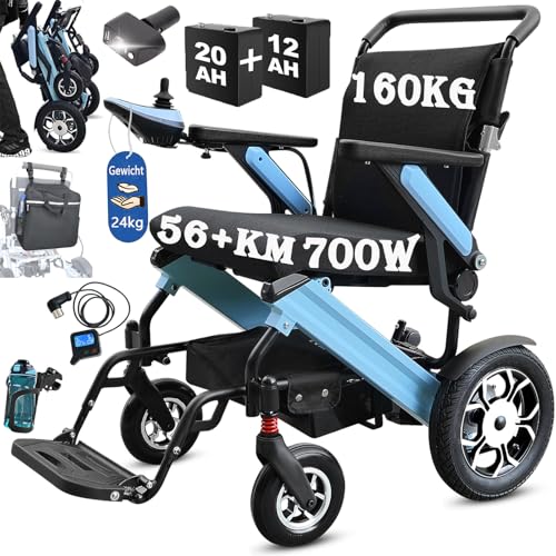Silla de ruedas eléctrica para adultos con más de 56 km de autonomía, motor de 700 W, capacidad de 160 kg, sillas de ruedas todoterreno ligeras y plegables con batería de litio de 20 Ah y 12 Ah