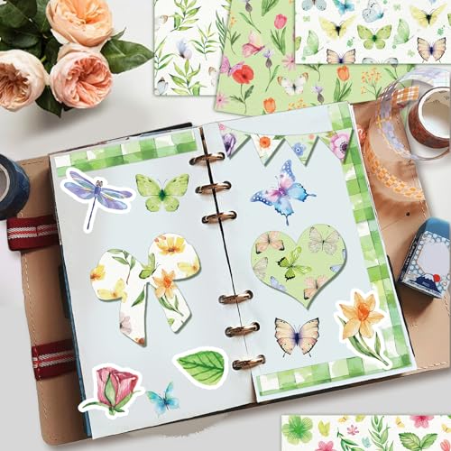 Konsait 24 Sheets Double Sided Spring Scrapbook Paper 12x12 Flower Pattern Paper Butterfly Spring Green Craft Decorative Cardstock for Card Making Scrapbooking Supplies