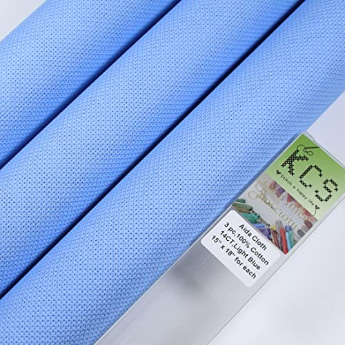 Image of KCS 3 pc of 15 inch x 18 inch Counted Cross Stitch Cotton Aida Cloth Needlework Rolled Fabric Box,14CT,Light Blue