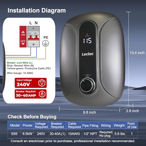 Image of 6.5kW 240V Electric Tankless Water Heater 1 Point of Use, Sleek Design, LED Display with Enlarged Knob Control, 86-131℉ Thermostatic On Demand Hot Water Heater for Kitchen Sink or Bathroom Sink
