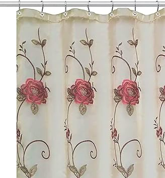 Zahari Home Larrisa Bathroom Sheer Curtain & 12 Hooks, 72x70 inches, Polyester, Floral, Contemporary, Modern Decor