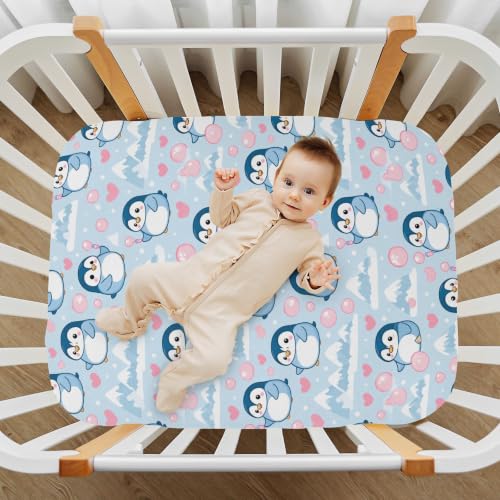 Image of Crib Sheet Breathable Soft Crib Mattress Sheet for Baby Toddler Boys Girls Fitted Pack n Play Crib Sheet Fit Standard Crib Mattress 52 x 28 Inch Blue White Penguin Love Mountain