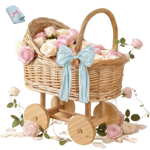 15 Inch Woven rattan baby stroller baskets vintage rattan flower cart wicker stroller carriage for baby shower wedding and gift decorations pushcart-style decorative flower stands