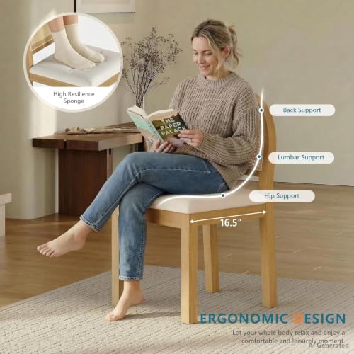 Image of STHOUYN Upholstered Rattan Dining Chairs Set of 4, Farmhouse Solid Wood Dining Room Chair with Natural Rattan Woven Back and Chenille Seat, Mid-Century Modern Wooden Kitchen Chairs (4, Cream White)