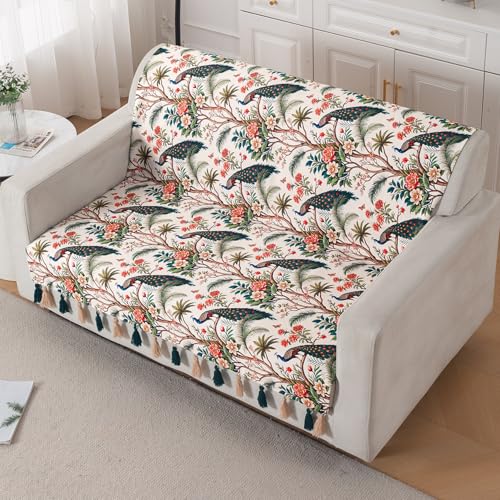 Image of HOKIPO Sofa Cover with Tassel for 2 Seater Sofa | Full Protection for Seat and Back | Printed Holland Velvet Fabric | 'Whispers of Nature' (160x120 cm), Multicolor Tropical Peacock (IN-1126-D1)