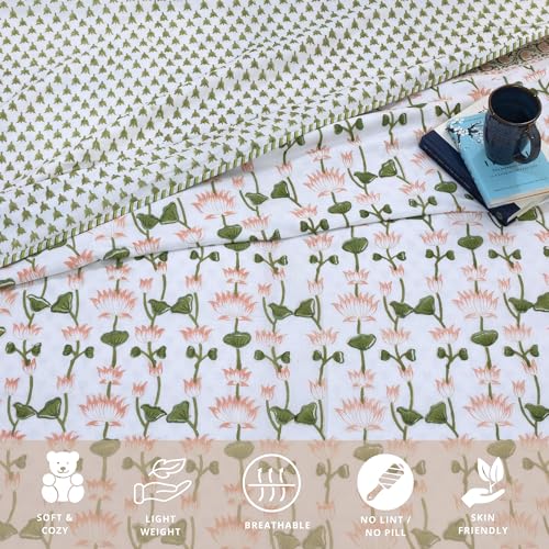 Image of TOAIArt Premium Jaipuri Dohar | AC Blanket Summer Quilt | Hand Block Printed | 3 Layers | Reversible | 150GSM 100% Mulmul Cotton | 100% Cotton Flannel Filling | King 108 inch X 90 inch | Lotus Vines