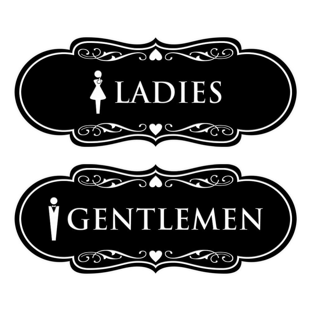 Designer Ladies and Gentlemen Figurines Restroom Signs, Set of 2 (Black) - Large 1 Pack