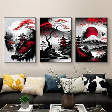 Foto di IUNTWEIE Poster paesaggio giapponese, Tempio giapponese in autunno in bianco e nero Immagine murale Stampa d'arte Decorazione murale Parete del soggiorno Decorazione della parete, senza cornice (A