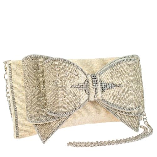 Mary Frances Fancy Bow Beaded Crossbody Handbag Clutch – Bridal Novelty Purse, Ivory2