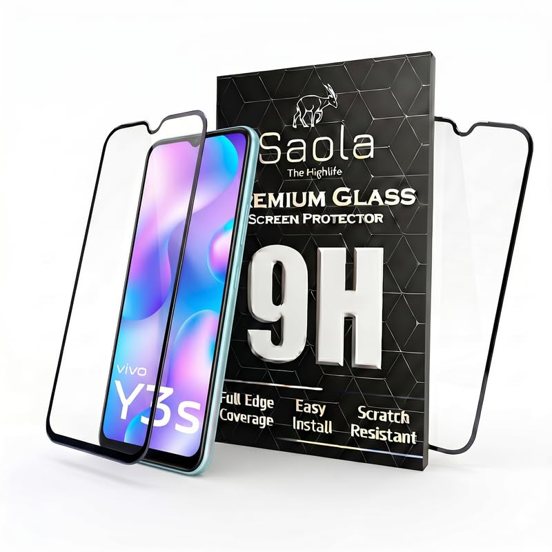 Image of Saola HD+ Oleophobic Tempered Glass Screen Protector For Vivo Y3s (2021) (Pack Of 2) with Free Installation Kit. Full screen Coverage - 6.51 inch