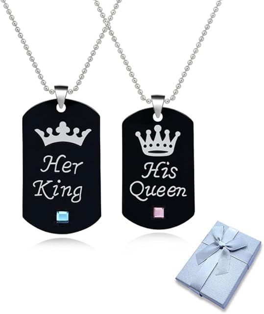 Yijunmca 2pcs Couple Necklace Set Her King His Queen Pendant Dog Tag Matching Necklace Crown Charms Necklace Cubic Zircon Chain Necklace Lover Gift Jewelry for Girlfriend Boyfriend, Black