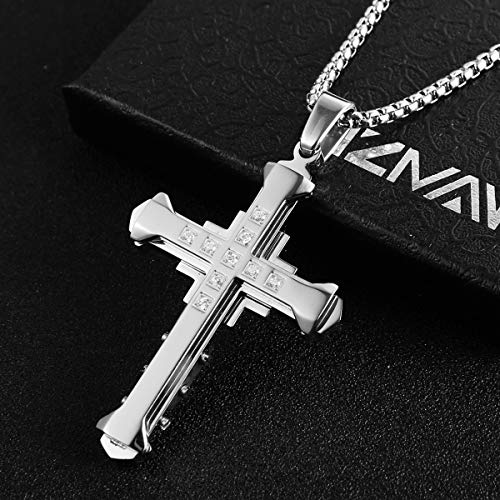 HZMAN Religion Men's Large Byzantium Stainless Steel Cubic Zirconia Cross Necklace Pendant 22 + 2 Inch Chain3