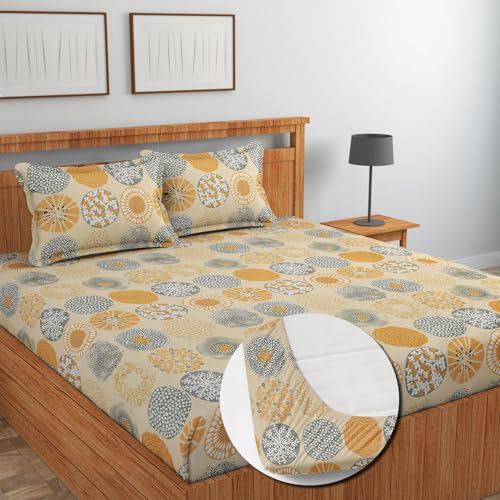 Image of NHD HOME Cotton All Around Elastic Fitted Premium Prints Queen Size Double Bed Bedsheet with 2 Large Pillow Covers Fits Upto Mattress of 8 Inches,Size-60 inch x 78 inch Inches, Beige & Brown Flower Print