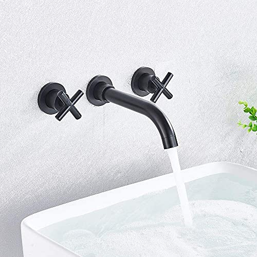 Robinet de lavabo mural doré brossé avec double poignée et bec rotatif pour salle de bain