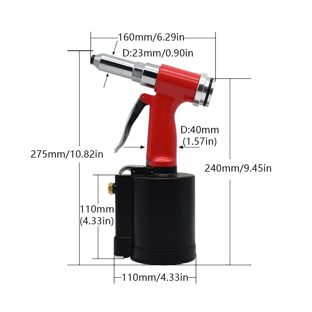 Pistola de remachado de aire comprimido, juego de pistola de remaches ciegos, 1200 kg, con 4 boquillas (3,2 mm, 4,0 mm, 4,8 mm, 6,4 mm), remachadora ciega para chapa de aluminio, hierro y acero