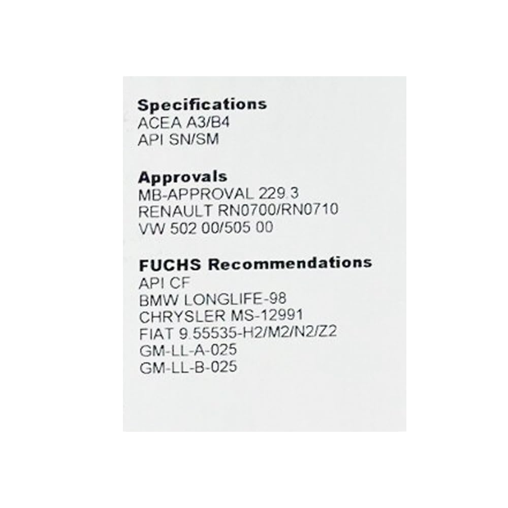20 L Fuchs SuperSyn 5W40 kompatibel mit | VW502.00| VW505.00 | MB229.3 | RN0700 | RN0710 | 20 Liter | 5W-40 | ACEA A3/B4 API SN/SM | Motoröl Motorenöl Öl l Herstellerfreigaben und Empfehlungen