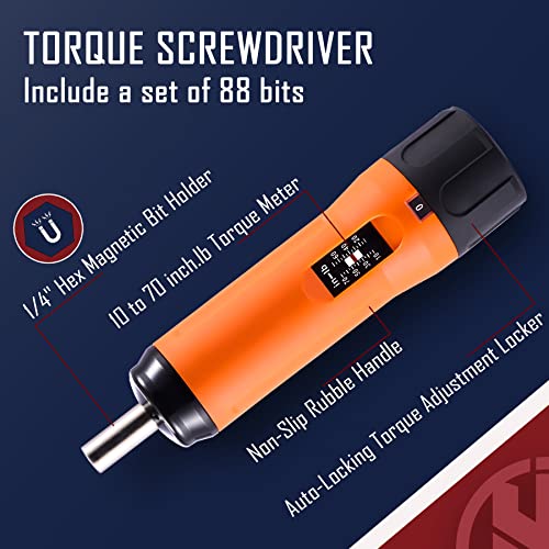 Knine Outdoors Precision 1/4" Torque Screwdriver Set Adjustable From 10 To 70 In-Lbs Engineering Repair Kit Maintenance Tools With T-Bar Ratchet Screwdriver, Set Of 92 Pieces #TOP2