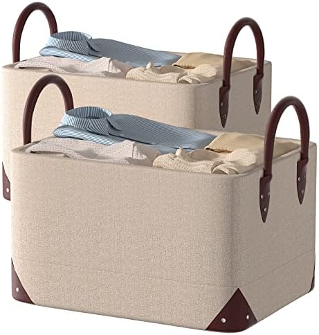 Storage Baskets for Shelves with Metal Frame- Closet Storage bins for Organization Collapsible Rectangle Line Fabric Organizing Boxes with Handles Cubes (16x12x8 inches(2 pack), Beige)