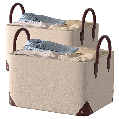 Storage Baskets For Shelves With Metal Frame- Closet Storage Bins For Organization Collapsible Rectangle Line Fabric Organizing Boxes With Handles Cubes (16X12X8 Inches(2 Pack), Beige) #TOP19
