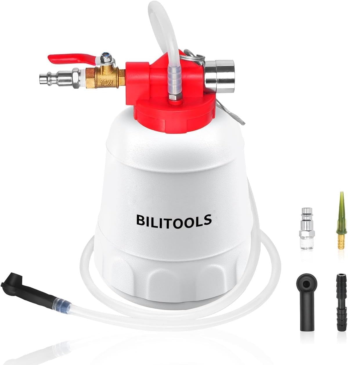 BILITOOLS 1L Purgeur de Frein Voiture et Moto Universel, Pneumatique Pompe à Vide Kit Purge Liquide de Frein par Aspiration avec 4 Adaptateurs, Purgeur ABS pour Frein et Embrayage | Kit d'extraction de liquide d'embrayage pour système de frein pneumatique