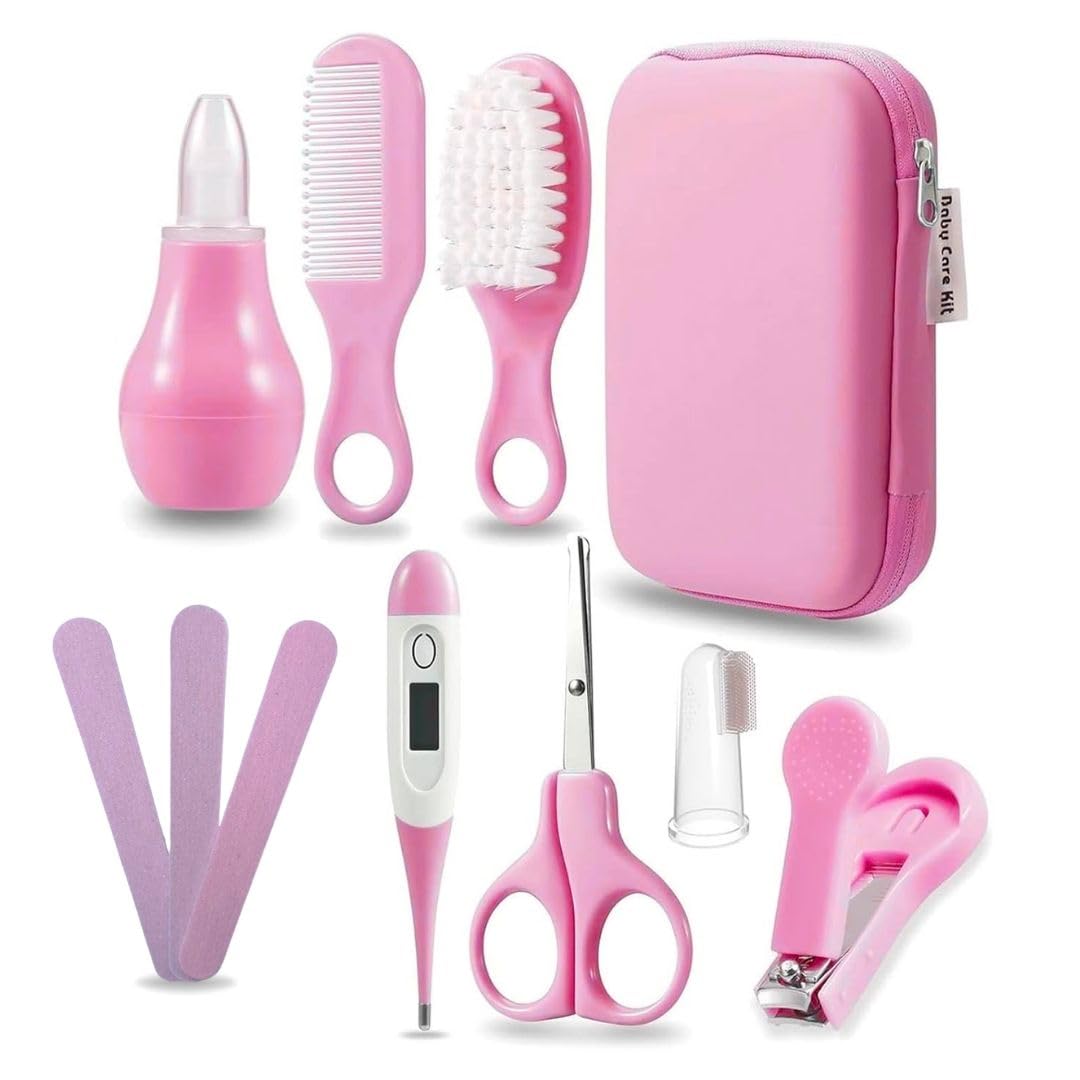 Kit de Cuidado e Higiene para Bebé | Estuche Portátil con Cepillo y Peine, Tijeras, Lima, Cortaúñas, Termómetro Digital, Aspirador Nasal y Protector de Chupete (Rosa)