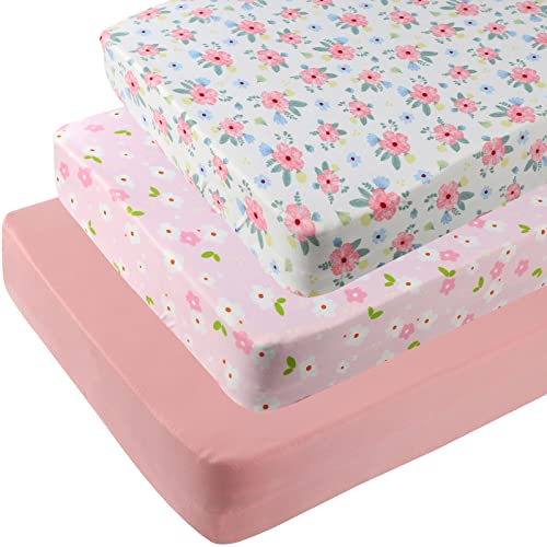 Image of Pack n Play Sheets 3 Pack Fitted for Baby Girl, Stretchy Jersey Knitted Portable Mini Crib Sheets Playard Mattress Cover, Pink Floral