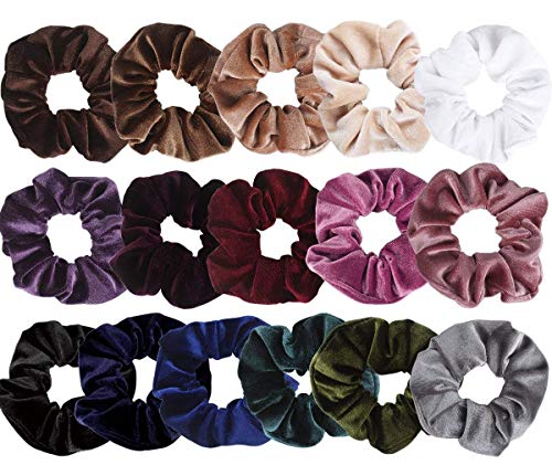 VELSCRUN Velvet Hair Scrunchies, 16 Pieces Elastics Ponytail Holder Scrunchy Bobbles Soft Hair Bands Hair Ties, 16 Colors