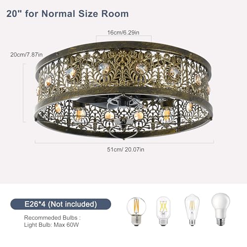 Image of Garwarm 20 inch Caged Ceiling Fans with Lights,Vintage Victorian Rustic Crystal Fandelier,Low Profile Flush Mount Enclosed Bladeless Ceiling Fan with Light and Remote for Bedroom,Kitchen,Dining Room