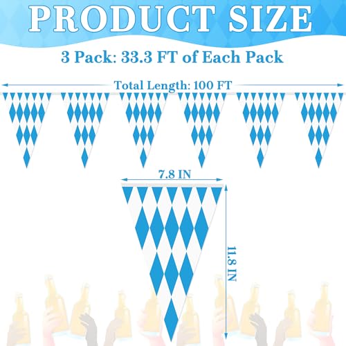 Image of 100 FT Oktoberfest Party Decorations, 3 Pack Pre-assemble Pennant Banner Flags, Plastic Blue and White Checkered Hanging Oktoberfest Decor German Bavarian Beer Festival Indoor Outdoor Party Supplies