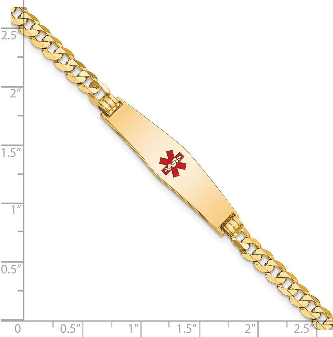 JewelryWeb 8.5mm 14k Solid Yellow Gold Medical Soft Diamond Shape Red Enamel Flat Curb Link ID Bracelet Identification Bracelet for Women