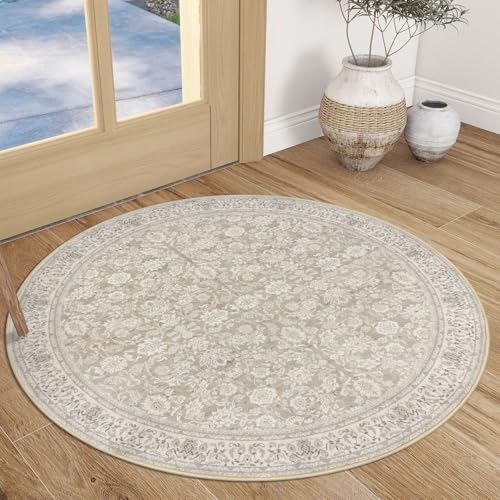 Cream Beige White Grey 3' Round Rug Washable Rug for Entryway Soft Non-Slip Area Rugs Distressed Floral Low-Pile Carpet, Neutral Vintage Circle Rugs for Living Room Dining Bedroom Foyer